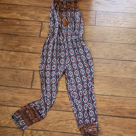 Women's Boho Printed Wide-Leg Jumpsuit - Blue Multi - Picture 9 of 11